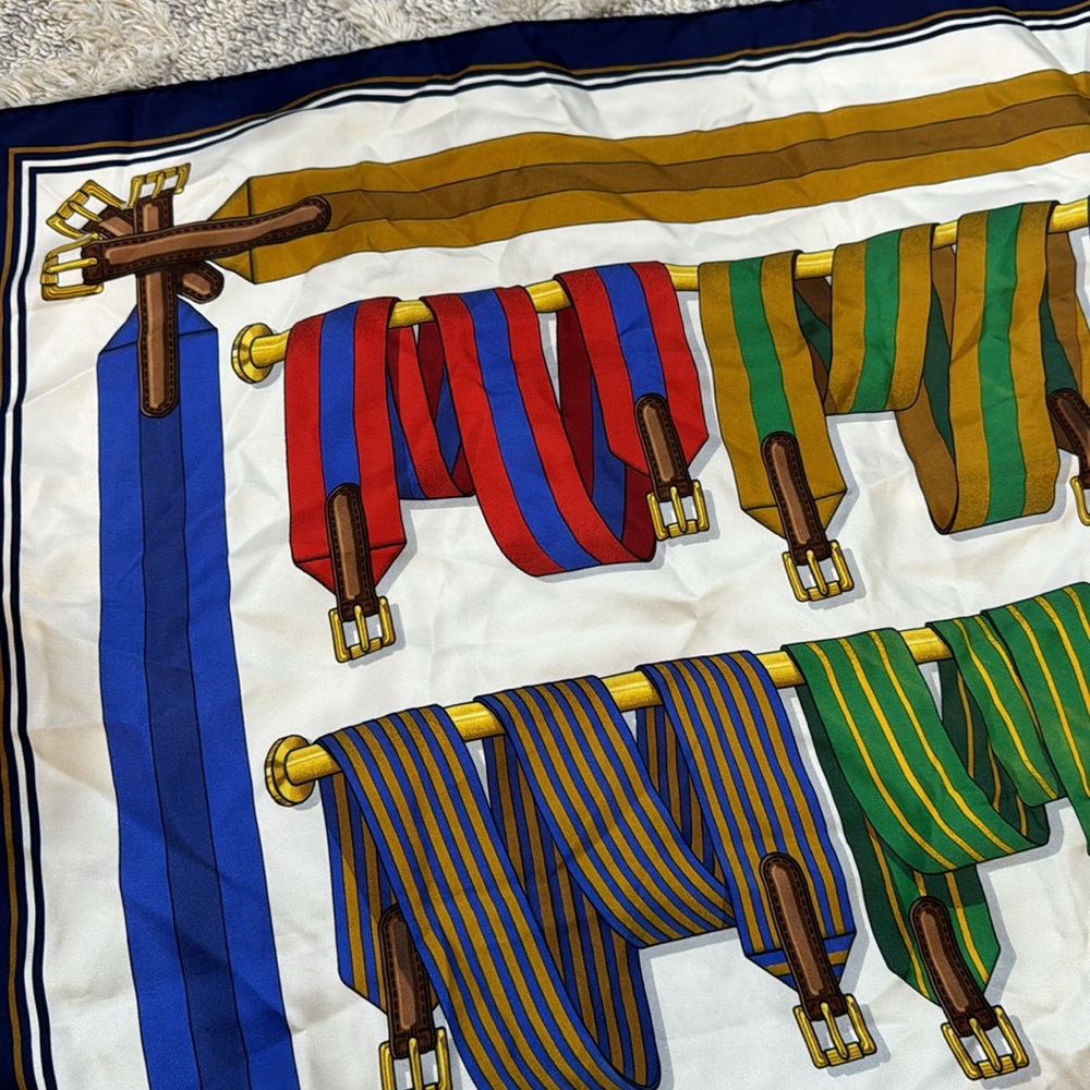 Hermes Multicolor Silk Scarf with Navy, Green, Gold and Red Accents - Picture 3 of 12